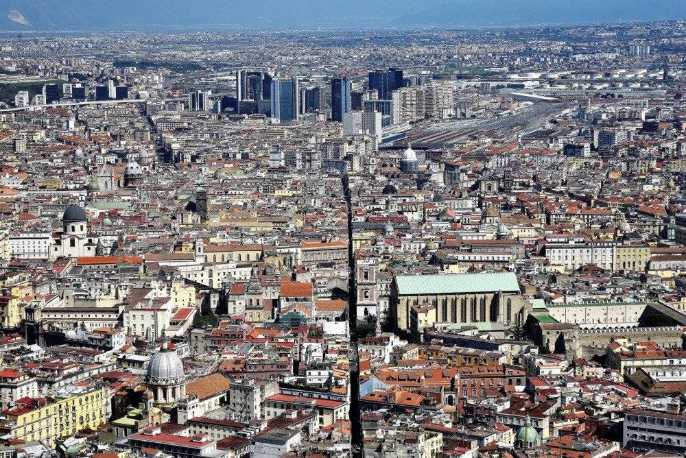 Aerial view of Spaccanapoli street cutting through Naples.