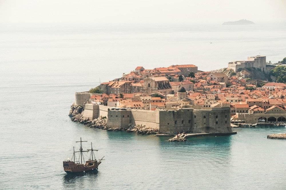 Aerial view of Dubrovnik, Croatia, with the Adriatic Sea in the background.