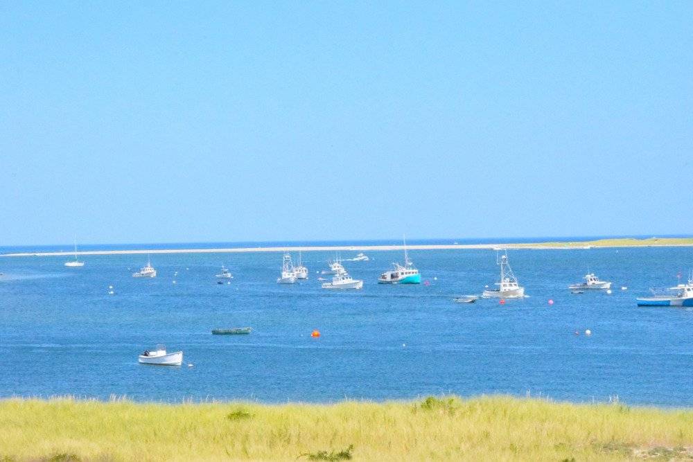A tranquil scene of Chatham Harbor, with fishing boats docked and the surrounding natural beauty of the harbor