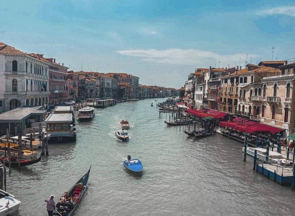 Picturesque view of Venice’s canals and historic architecture, seen from a famous bridge.